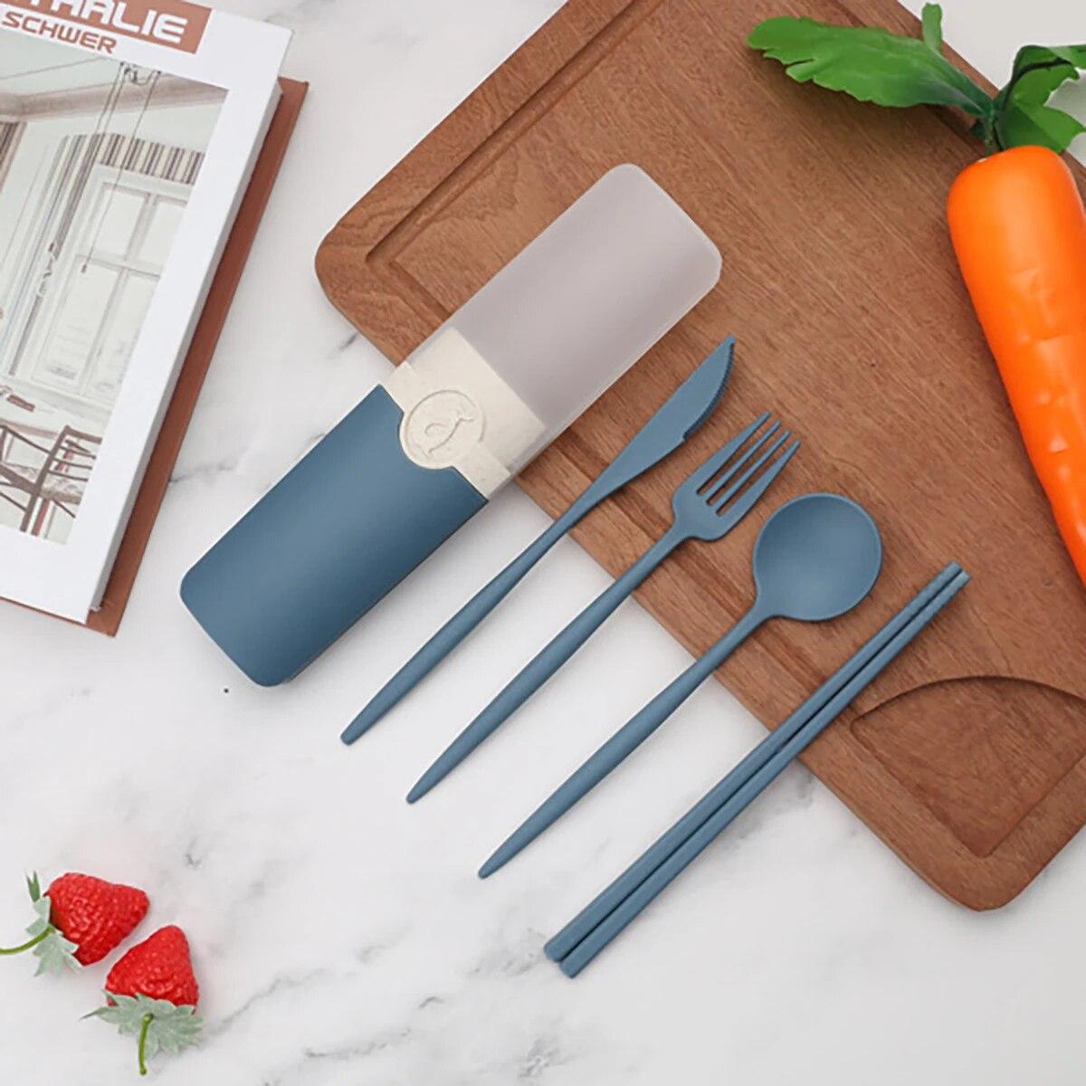 

Портативная посуда из пшеничной соломы, нож, вилка, ложка, палочки для еды, набор столовой посуды с коробкой для хранения, студенческие дорожные столовые приборы для барбекю, вечеринки синий