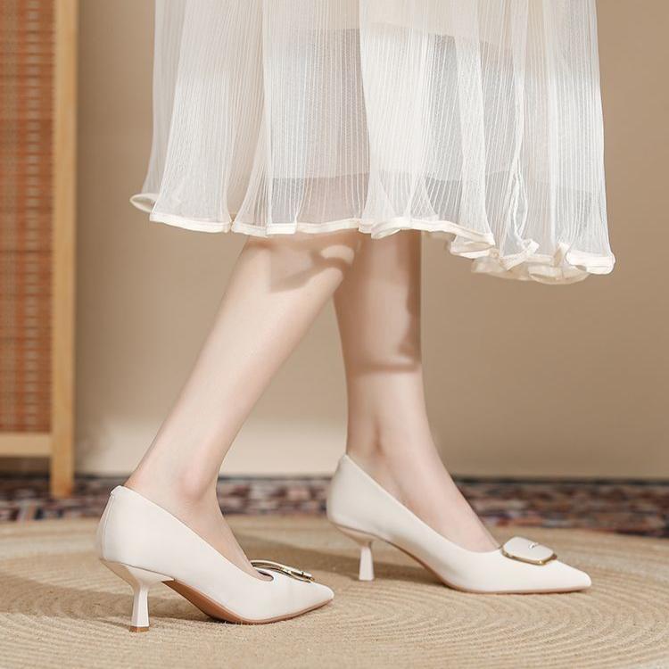 Metal Square Buckle Black High Heels Women's Slim Heels Professional Shoes Pointed Single Shoes