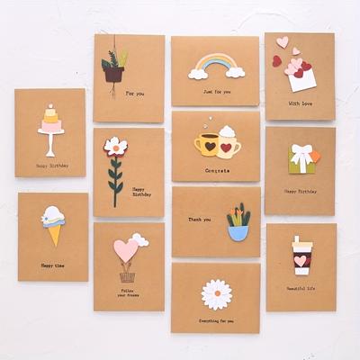 12Pcs Creative 3D Three-dimensional Greeting Card Retro Cowhide Small Card Children's Holiday Birthday Wishes Thank You Message Card