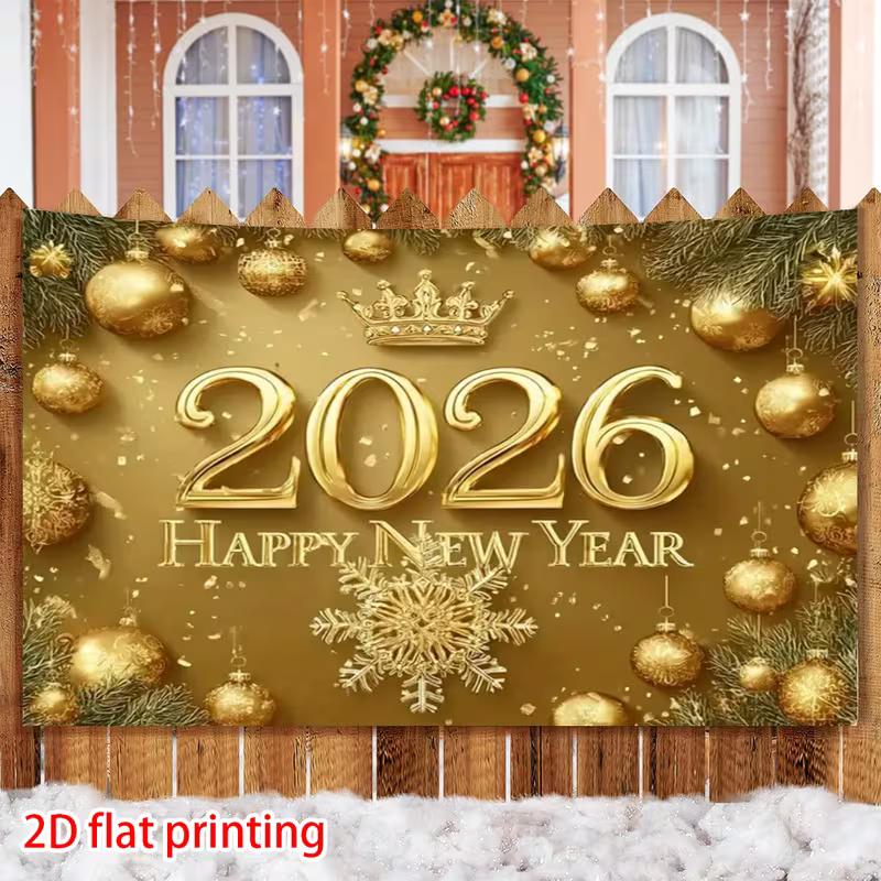 

2D Gold 2026 Happy New Year Banner Backdrop Christmas Ornament New Year Eve Party Decor Background 47.2x31.5inch/120*80cm