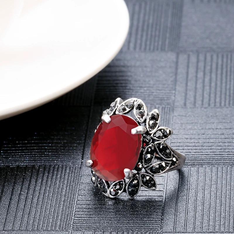 Kinel Fashion Tibetan Silver Red Stone Ring For Women Crystal Flowers Ethnic Wedding Bridal Jewelry Retro Rings