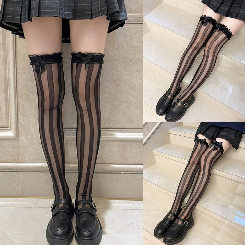 JK Women Sheer Silky Vertical Stripes Over Knee Long Socks with Cute Bowknot Japanese Lolita Leggings Thigh High Stockings