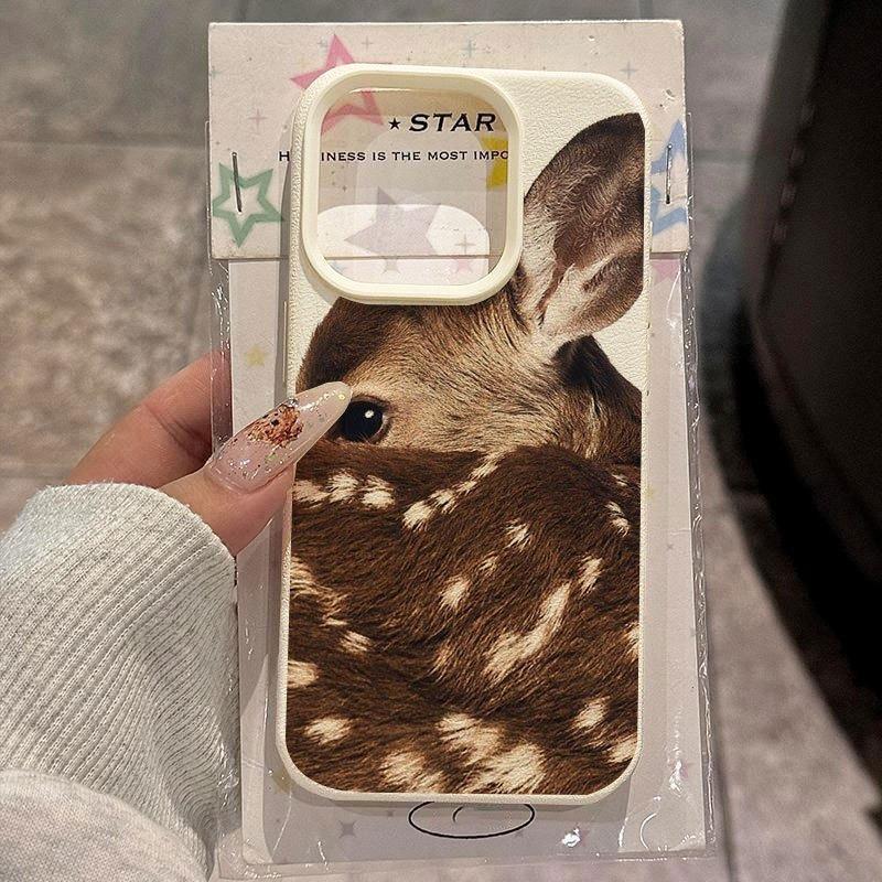 Cute Sika Deer Pattern Lychee Texture Phone Case For iPhone 11 12 13 14 15 16 17 Pro Max 14 15 Plus 17 Air Silicone Soft Cover