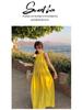 Elegant Yellow Sleeveless Halter Neck A-line Dress - Women's Retro Resort Style.