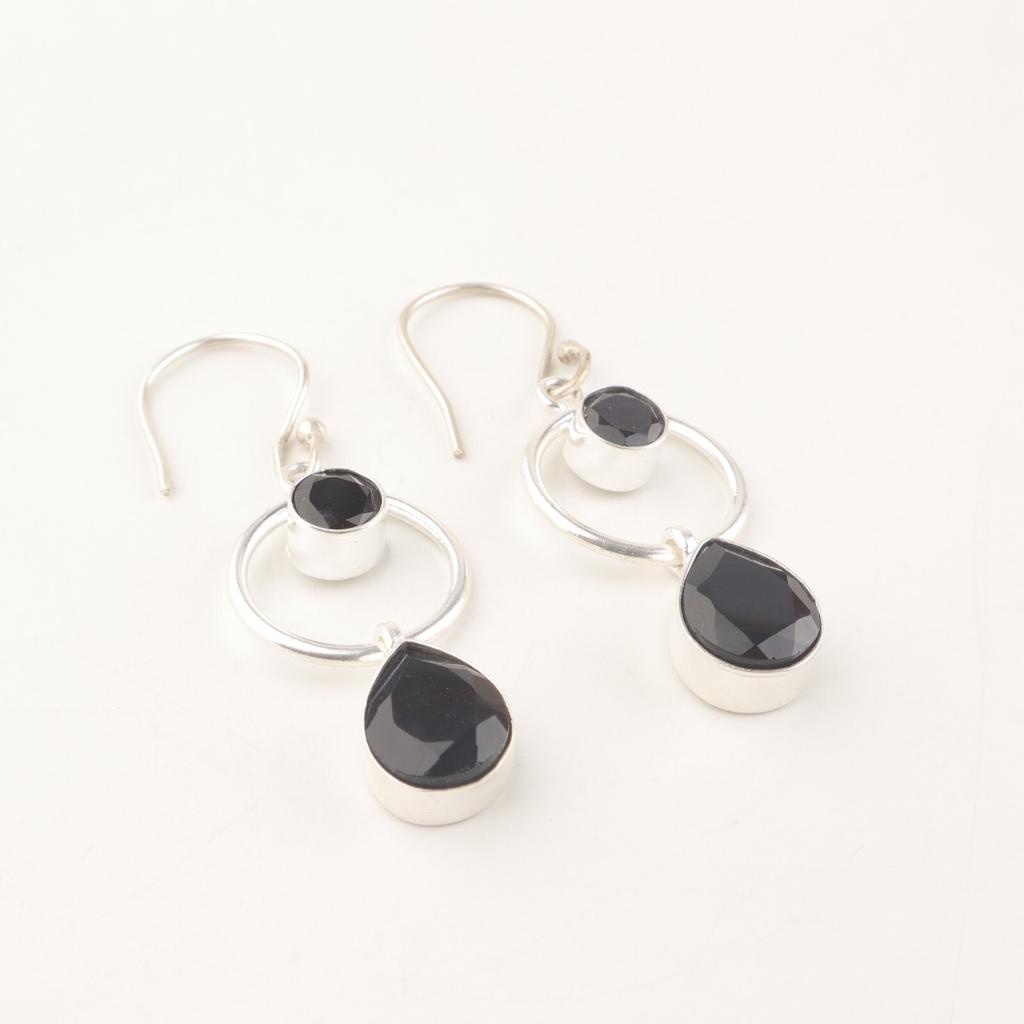Natural Black Onyx Gemstone 925 Sterling Silver Jewelry Handmade Earrings 2.0" EE-140-7