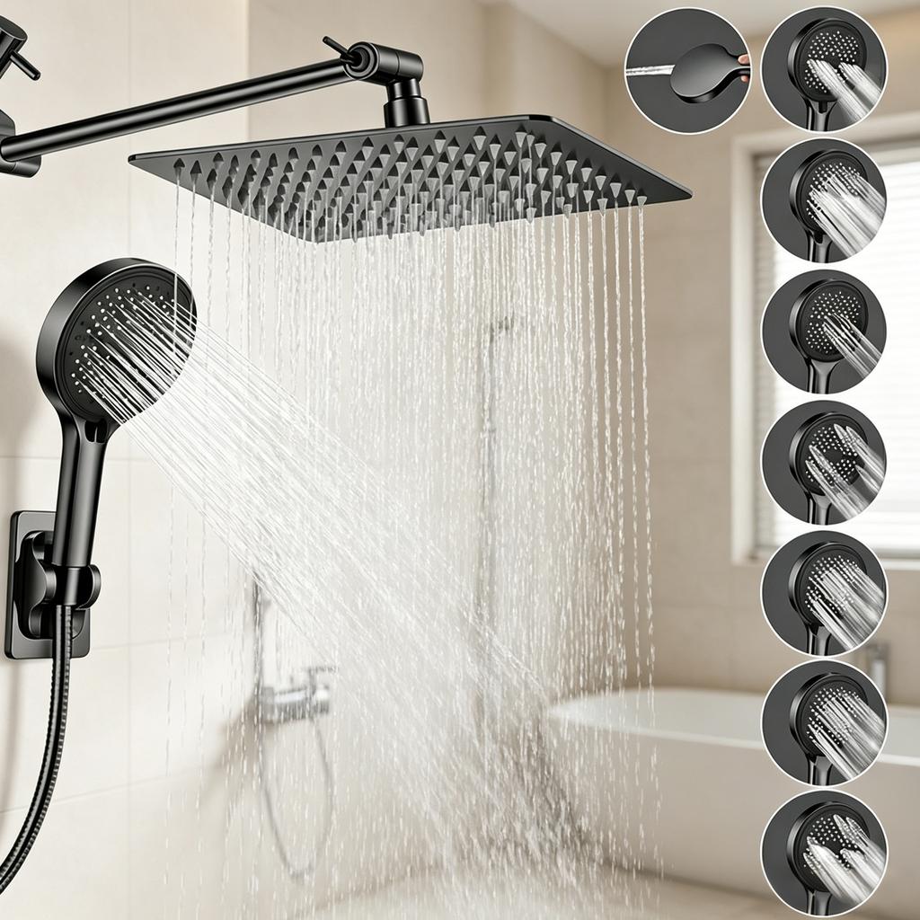 Complete Adjustable Shower Set, 8 Inch Ceiling Shower Head & 5.51 Inch Large Panel Handheld Shower, 8‑Mode Hand Shower With Spray Gun Function,