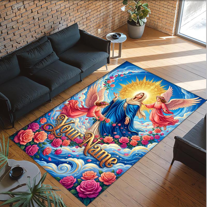 Virgin Mary Theme Crystal Velvet Rug Personalized Custom Name Text Soft Floor Mat Home Decor