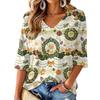 Women's Casual V-Neck Top with Christmas Print and Three-Quarter Sleeves