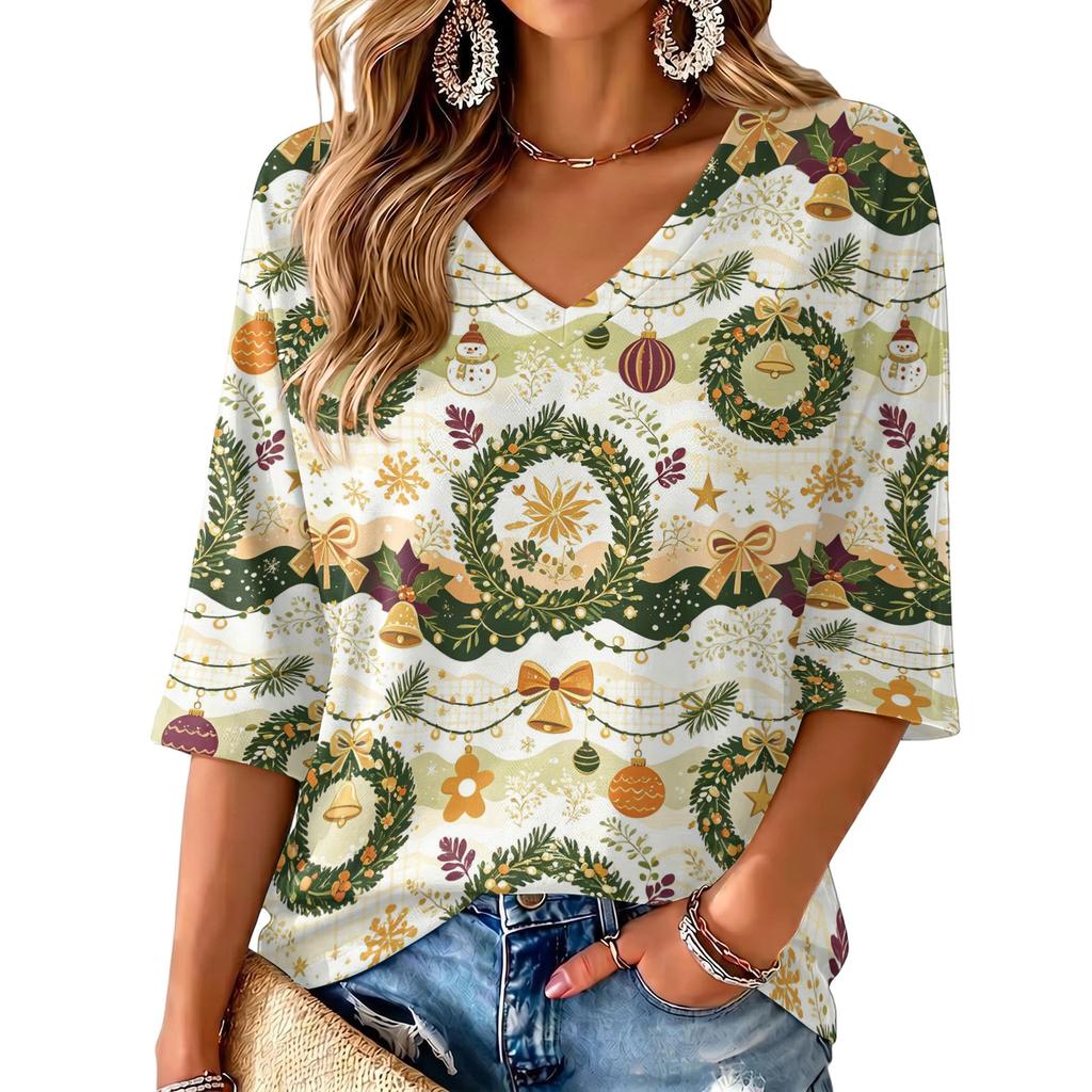 Women's Casual V-Neck Top with Christmas Print and Three-Quarter Sleeves