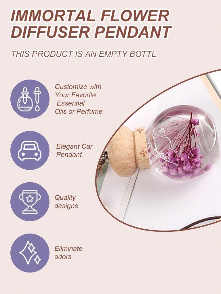 Car Fragrance Pendant - Empty Glass Bottle with Preserved Flowers, Refillable with Essential Oil or Perfume, Hanging Fragrance