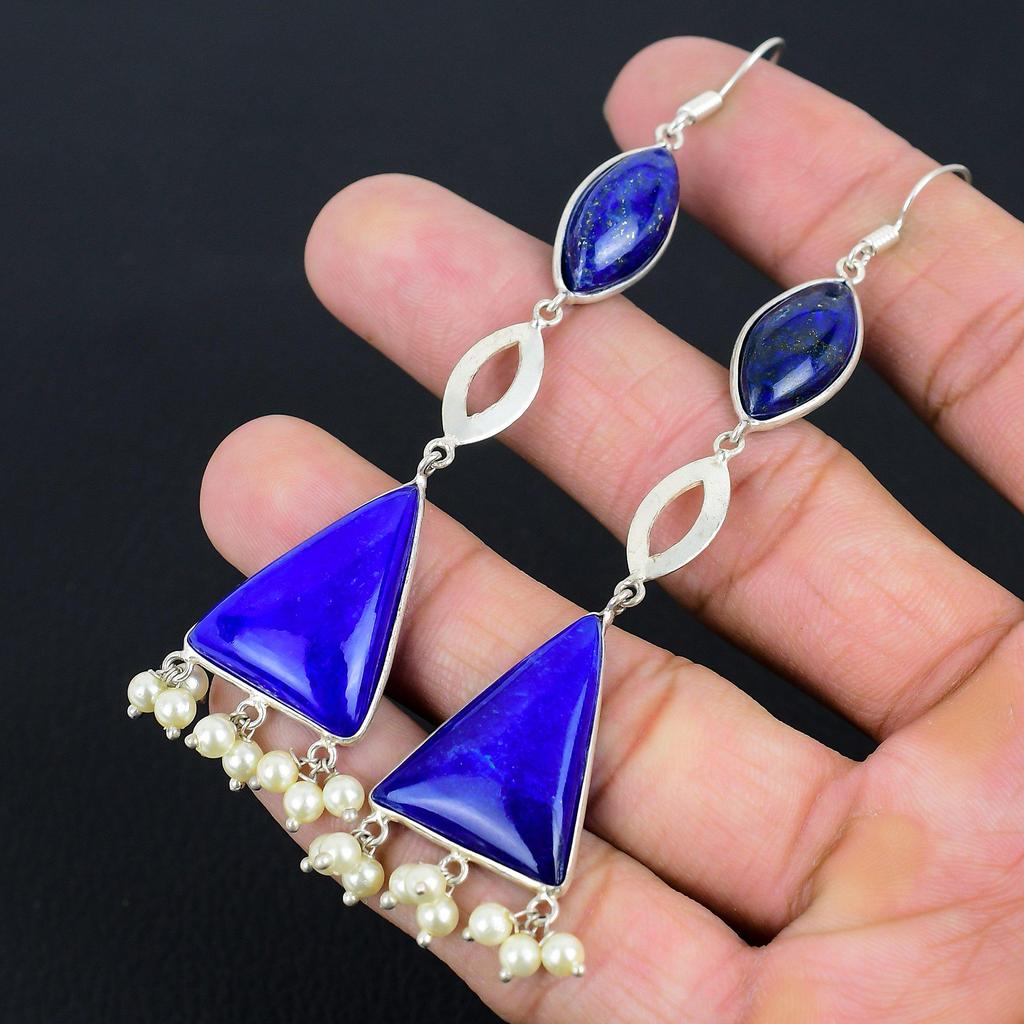 Friendship Day Sale Lapis Lazuli Gemstone Dangling September Earrings 925 Silver