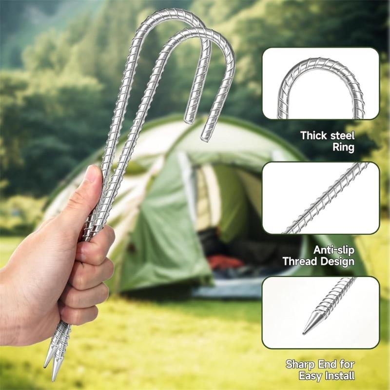 Camping Tent Stakes with a Pointed Ground End and J-Bend Head, Steel 8-Piece Set for Shelter Cord, Tarps, and Canopies