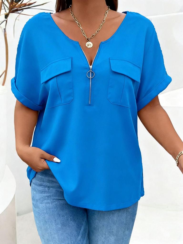 2026 Spring-Summer Solid Color Plus Size Women's Zipper Pocket Short Sleeve Loose T-Shirt