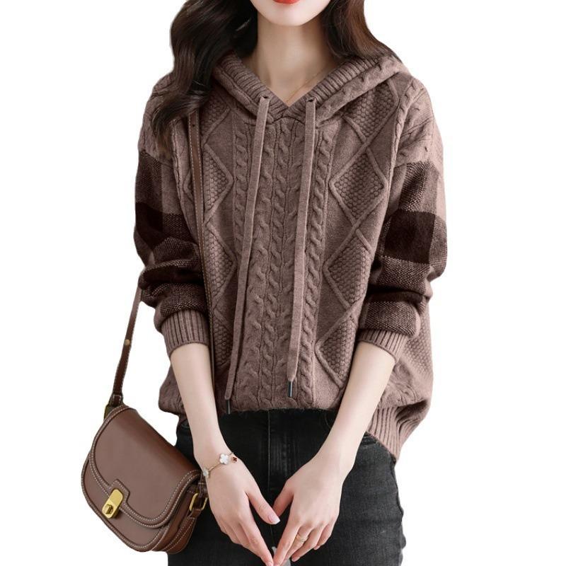 Sweater women's autumn and winter new lazy style casual hooded loose knitted sweater long-sleeved top bottoming shirt