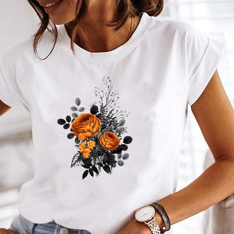 (European Size) Summer Fashion Women Plant Lovely Flower Trend Cute Short Sleeve Print Tee Top Tshirt  Lady Female Clothing  Casual Graphic T-shirt
