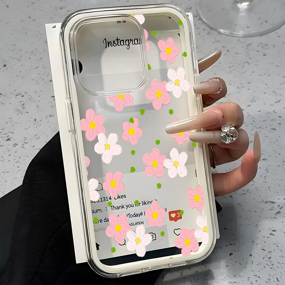 Oil Painting Pink Daisy Pattern Clear Phone Case For iPhone 17 Air 16 15 14 13 12 11 Pro Max Plus 2 in 1 Candy Color Soft Cover