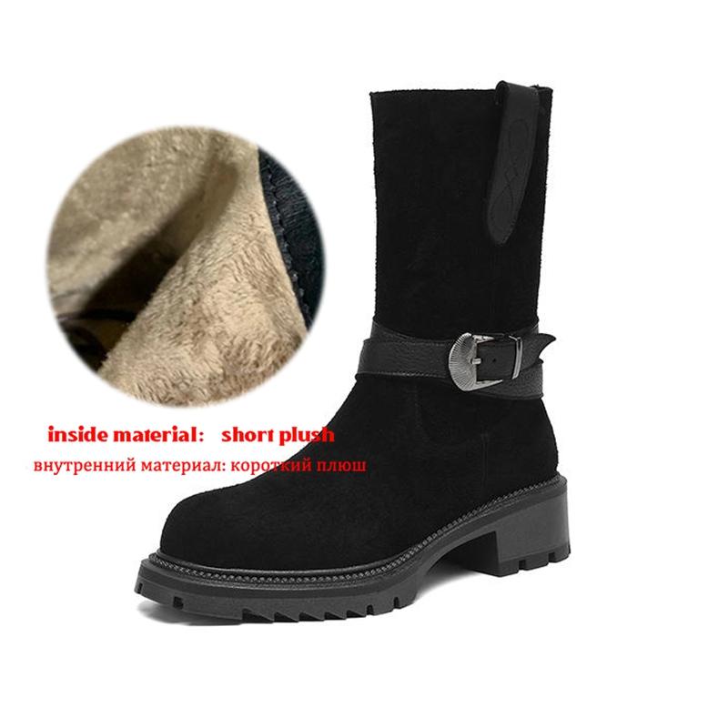 Krazing Pot Fashion Cow Suede Nubuck Winter Round Toe Modern Boots Med Heels Zipper Metal Buckle Mid-calf Boots