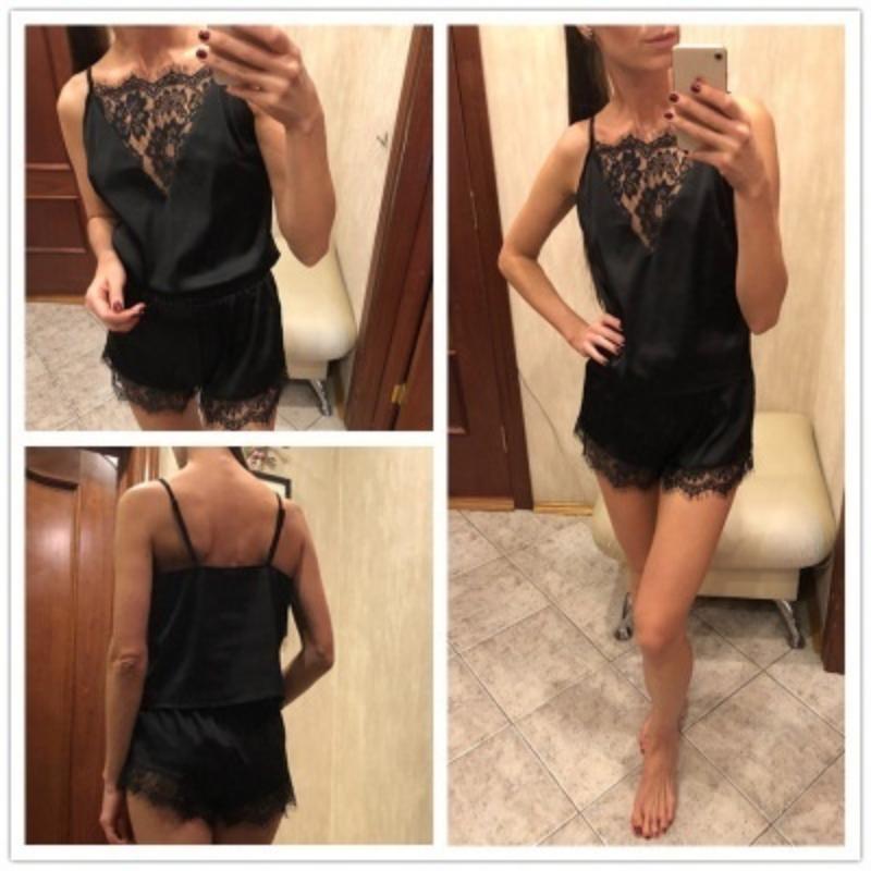 Womens Ice Silk Eyelash Lace Patchwork Pajamas Set Sexy Lingerie Nightwear