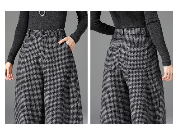 Women's High-Waisted Woolen Wide-Leg Plaid Pants with Velvet Lining for Autumn/Winter – Petite Casual Style.