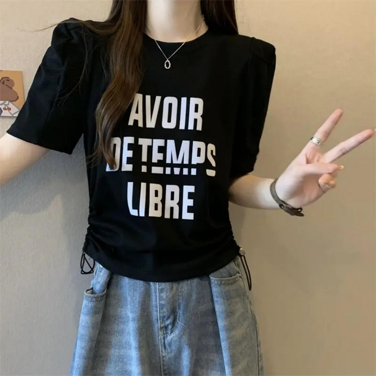 

women clothes Summer Fashion Korean Letter Solid color O-neck Female All-match fashionable Shirring Slim short sleeve tee shirt S чёрный