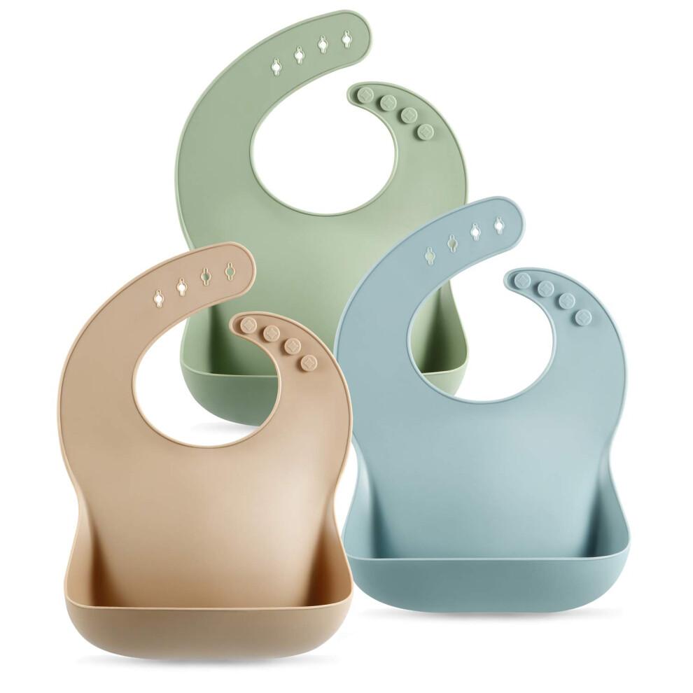 PandaEar 3 Pack Thick Silicone Baby Bibs for Babies & Toddlers (10-72 Months)| Waterproof Baby Feeding Bibs Adjustable with Wide Food Catcher Pocket,