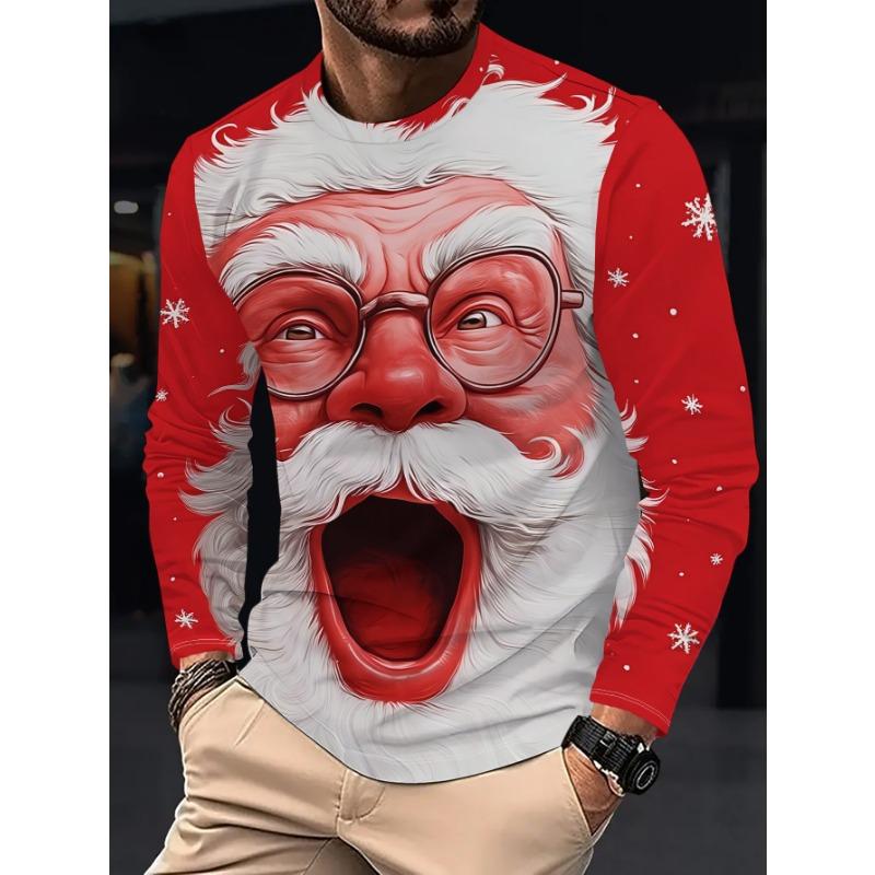 Men's casual long-sleeved T-shirt Santa Claus with white beard and white hair wearing glasses, versatile