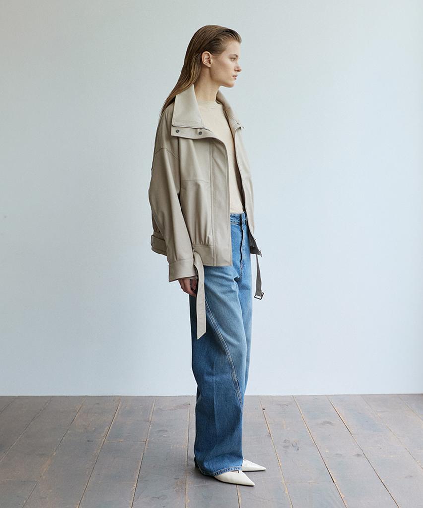 VERDEMAR High-Neck Belted Leather Blouson_Cream