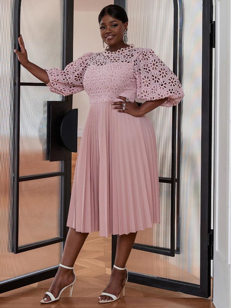 Elegant Women Formal Evening Party Dresses Pink Lace Hollow Out A-Line Pleated Gowns Slim Half Lantern Sleeve Celebration Events