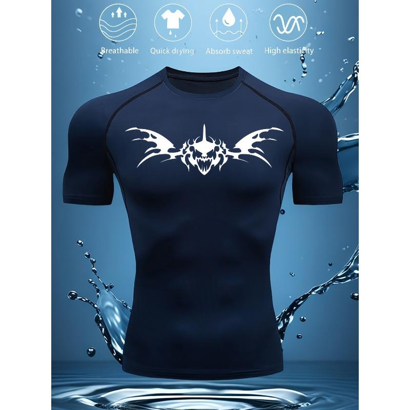 Mens Black Compression Short Sleeve T-Shirt White Tribal Skull With Wings Graphic Breathable Quick Dry High Elasticity Gym And MMA Athletic Top