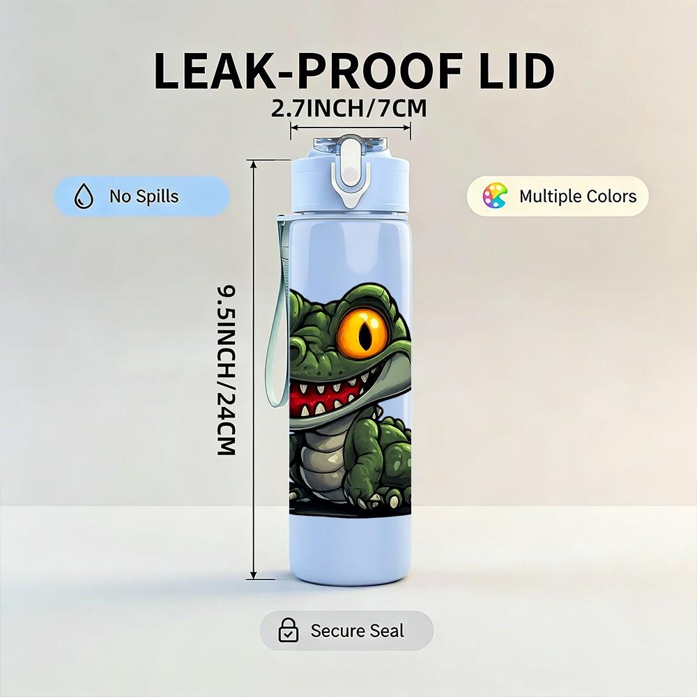 1PC Aggressive Green Crocodile Pattern 750ml Color Plastic Sports Water Bottle Leakproof Flip Straw Lid Suitable for Sports Office Home Use