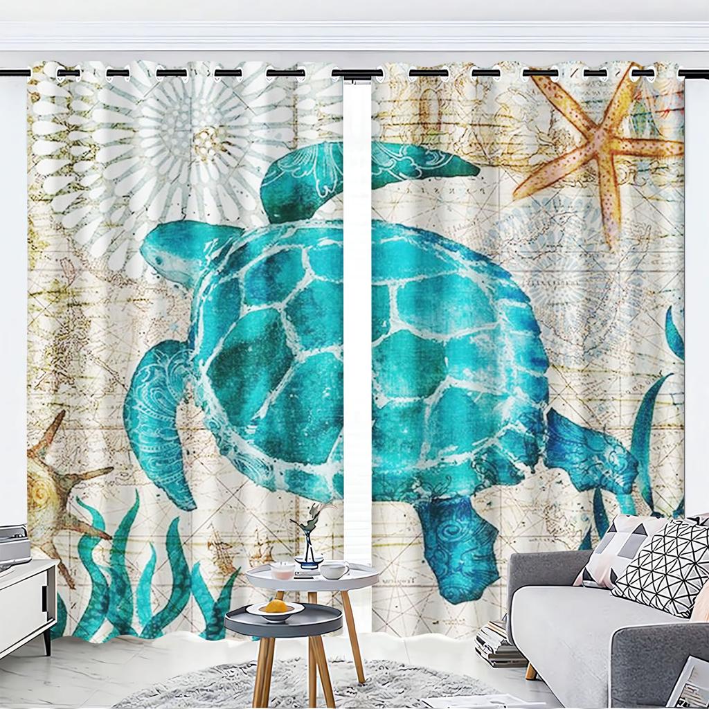 Cartoon Sea Turtles Curtain Sets, Window Decoration, 100% Polyester Shade, Bedroom, Living Room