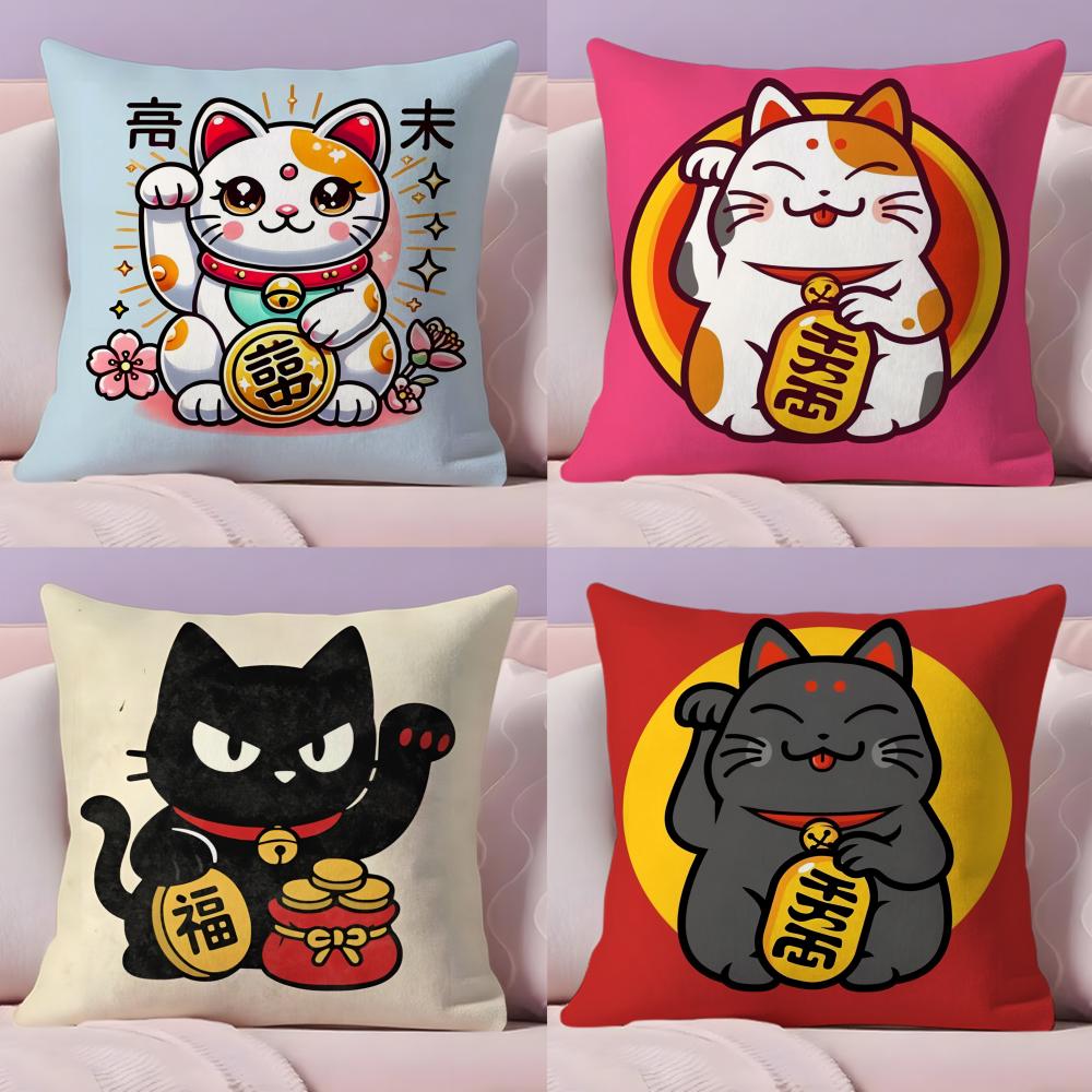 Lucky Cats Cartoon Cushion Cover Natural Linen Organic Fabric DoubleSided Printing Sofa Home Decor Gift Pillow Cover