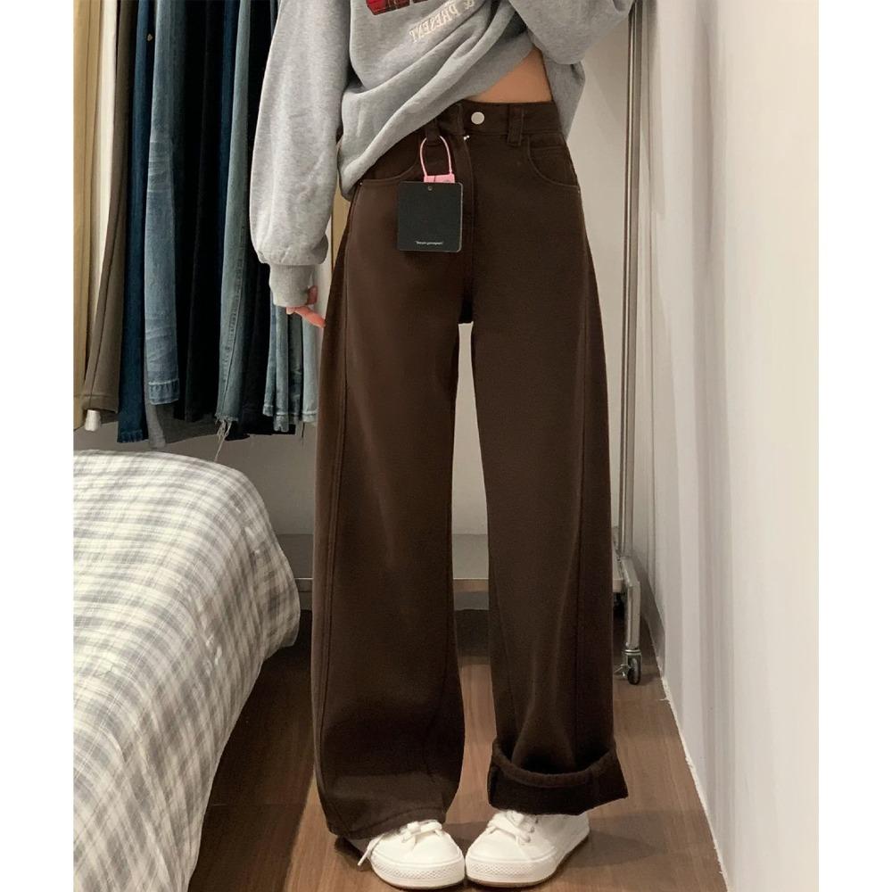 Women s High Waist Wide Leg Jeans Loose Straight Leg Barrel Pants Korean Fall Fleece Lined Denim Trousers for Petite Plus Size Pear Shaped Figures S