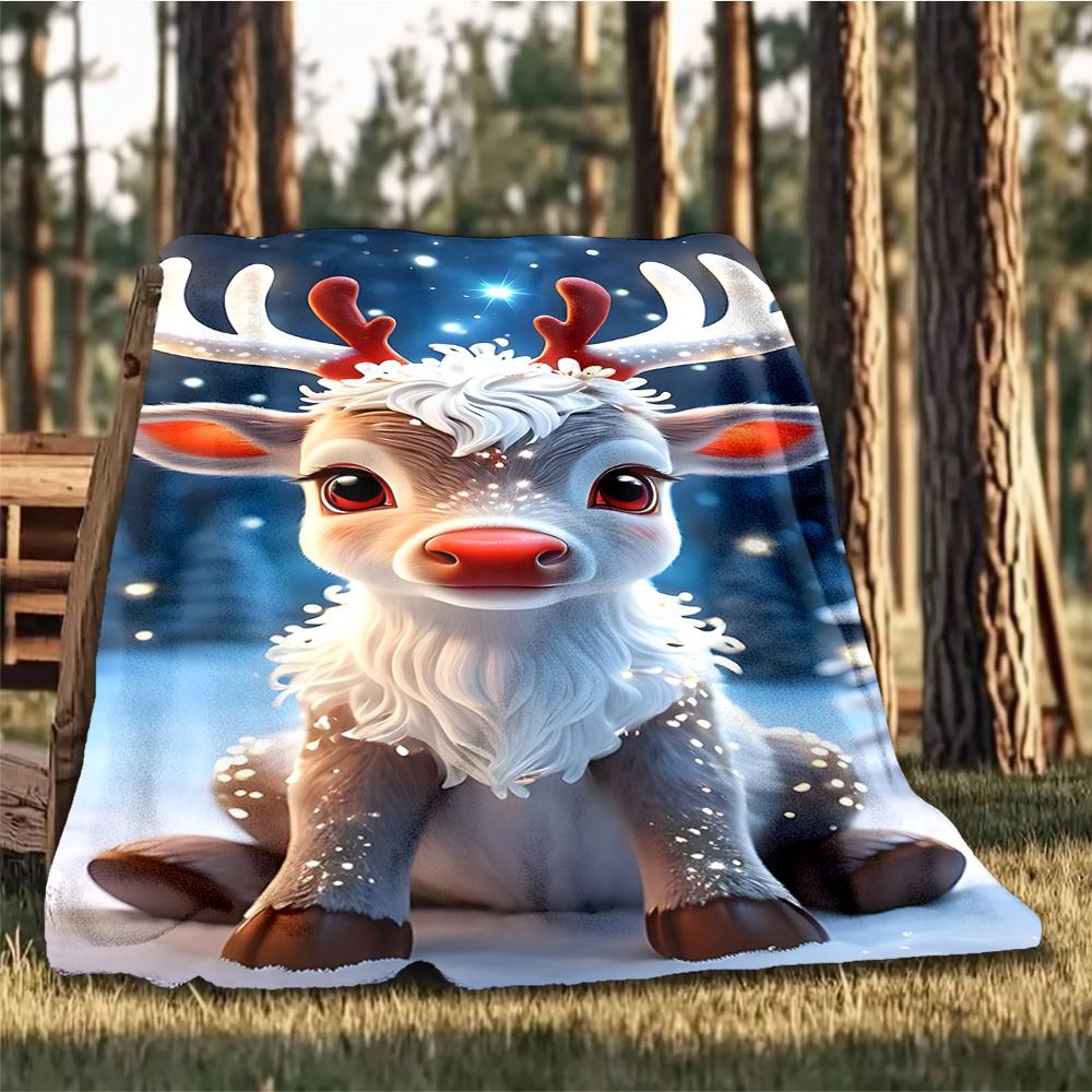 1pc Reindeer Winter Wonderland Outdoor Flannel Blanket , Machine Washable Perfect Gift for Birthday , Holiday Travel Accessory , Durable Material