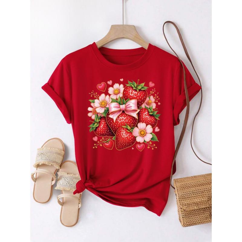 Plus Size Fashion Women's T-Shirt Strawberry Flower Pattern Print Women's Casual Soft Crew Neck Short Sleeved Tops Clothing
