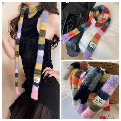 With Warm Color Splicing Contrast Striped Scarf Y2K Long Narrow Scarves Sausage Thin Scarf  Winter