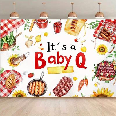2D Flat Baby Shower Backdrop "It's a Baby Q" Watercolor BBQ Theme Background Cloth