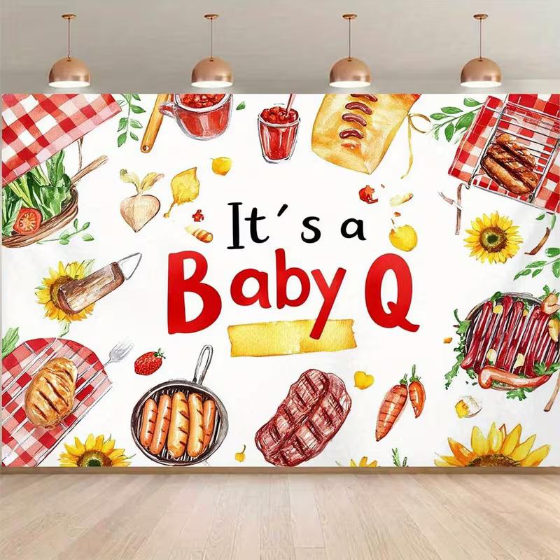 

2D Flat Baby Shower Backdrop It s a Baby Q Watercolor BBQ Theme Background Cloth 47.2x31.5inch/120*80cm