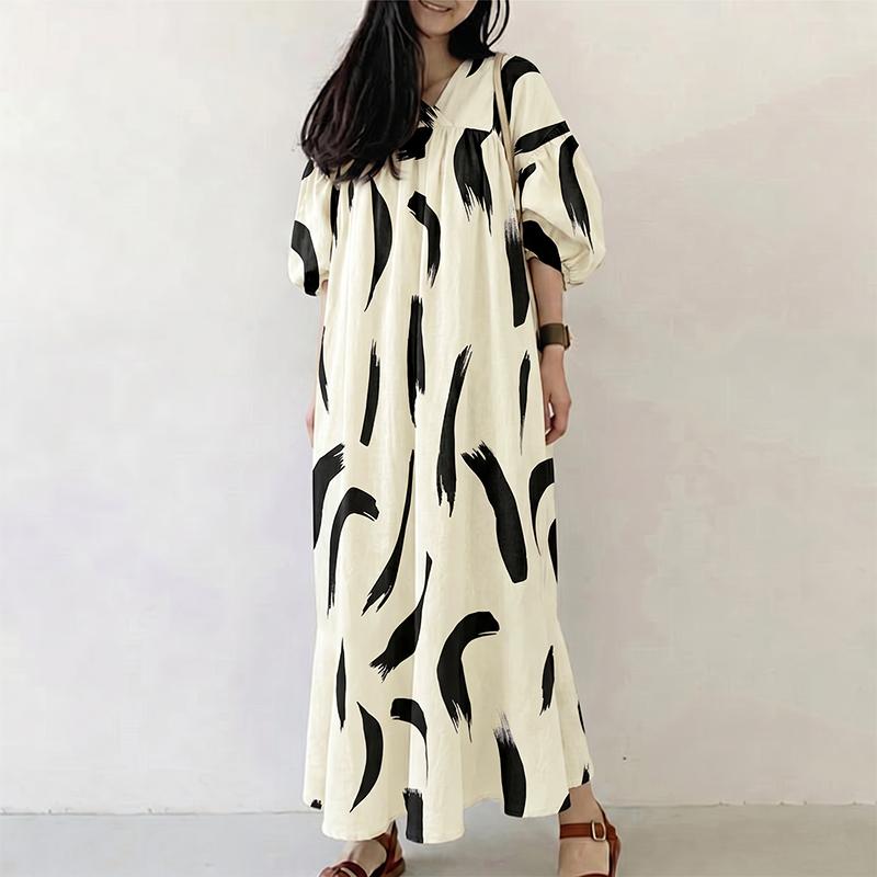 ZANZEA Women Elegant V-Neck Loose Half Sleeve Print Casual Dress S абрикосовый