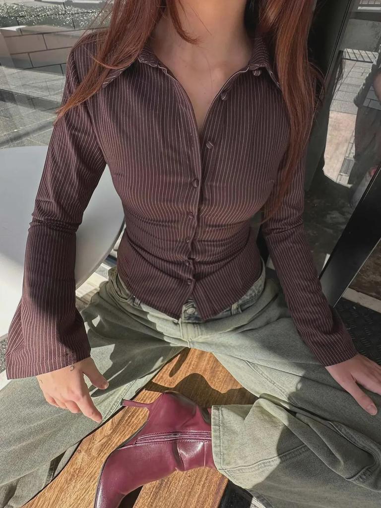 2024 European & American Spring/Autumn Striped Slim-Fit Button-Down Cardigan with Lapel