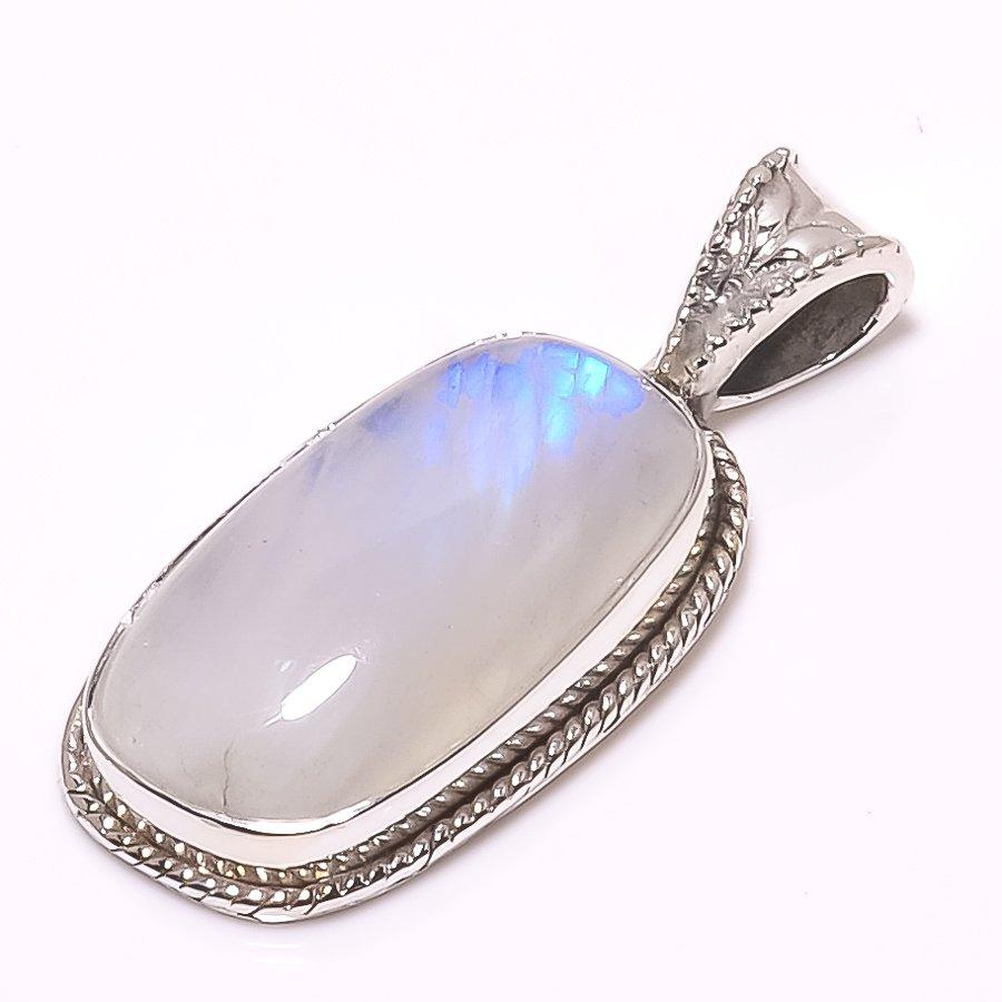 Natural Rainbow Moonstone Gemstone 925 Solid Sterling Silver Pendant 1.18" Z8l57