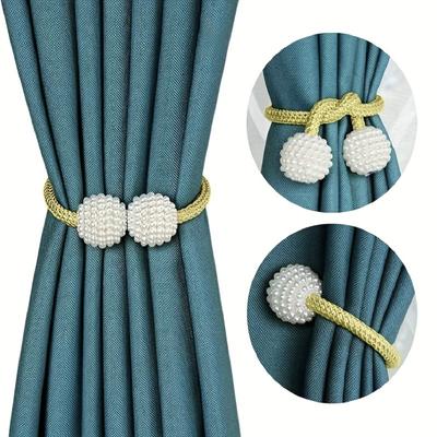 2 Pc Magnetic Curtain Tiebacks, Fake Pearl Ball Home Curtain Buckle, Weave Clips Rope Straps For Holding Curtains & Drapes