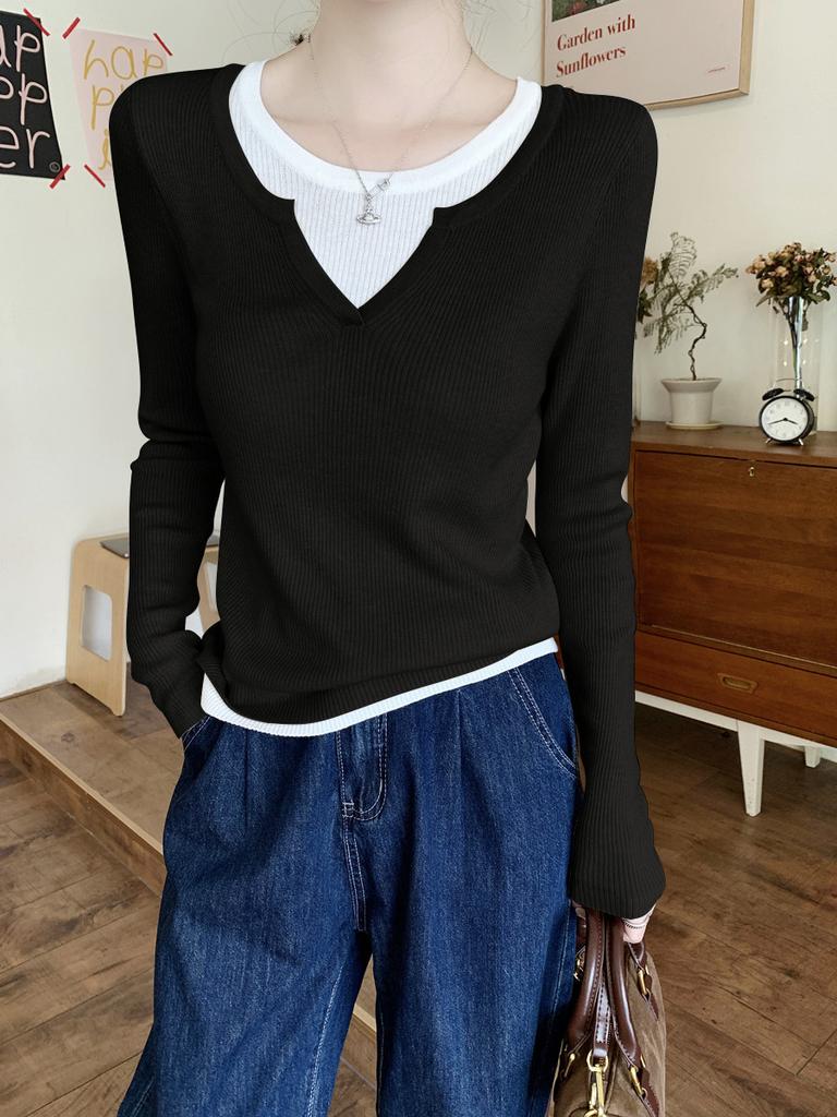 Spring New Casual Skinny Collar Fake Two Bottom Sweater Women's Fashion Lazy Commuter Long Sleeve Knitted Sweater
