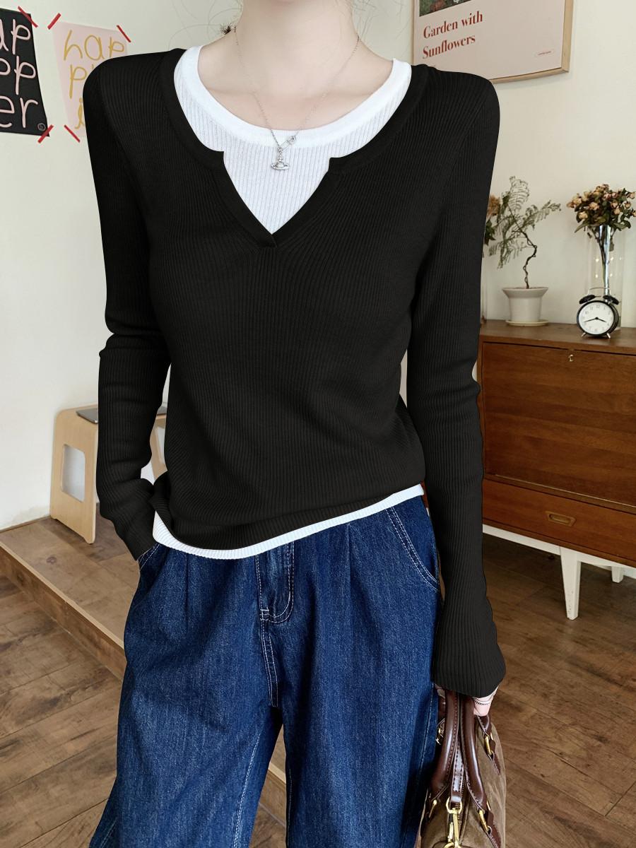 

Весна Новый Повседневный Облегающий Свитер с Воротником-стойкой Имитация Двойного Низа Женская Мода Ленивый Повседневный Трикотажный Свитер с Длинным Рукавом L чёрный