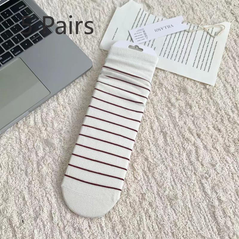 5 Pairs  Autumn and Winter Ankora Red Socks Women Straight Board Boneless Cotton Mid-calf Hundred Stripes Polka Dot Stacked Socks