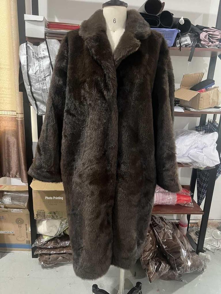 Dark Brown Faux Fur Long Coat - 2024 Winter Collection: Plush, Warm, and Thickened.