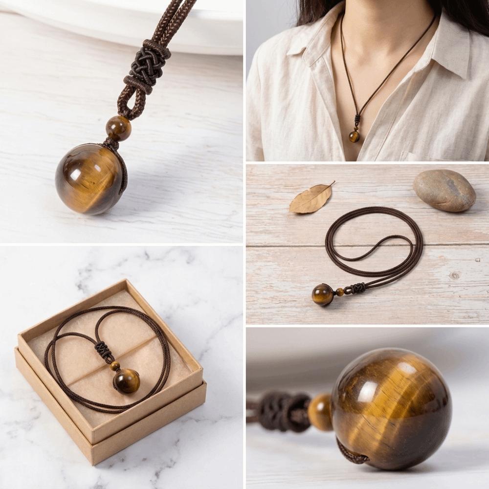 Beaded Crystal Pendant Necklace Braided Rope Tiger's Eye Necklace Weaving Necklace  Gifts