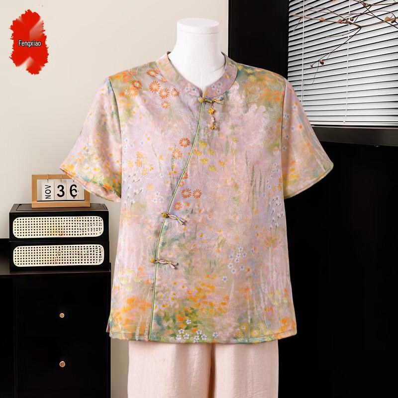 Women s New Chinese Style Floral Short Sleeve Shirt 3XL розовый