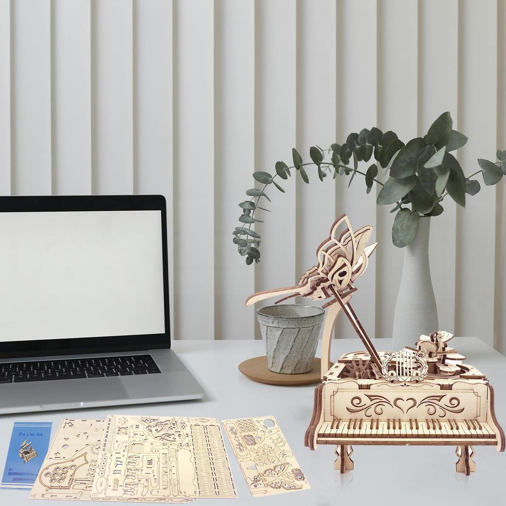 3D Wooden Puzzles for Adults - Piano DIY Music Box Wooden Model Kit Construction Craft Kit Mechanical Jigsaw Puzzle for Ages 15+.