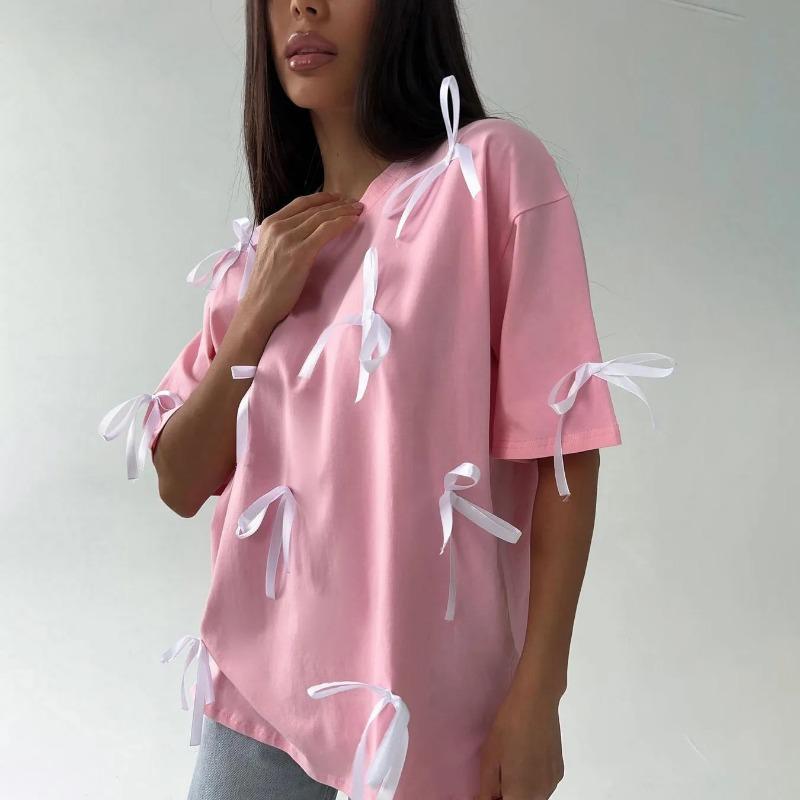 Tricou decorativ cu fundă retro din bumbac liber, design de modă de vară, cu mânecă scurtă, tricouri cu gât turnut, maiuri casual